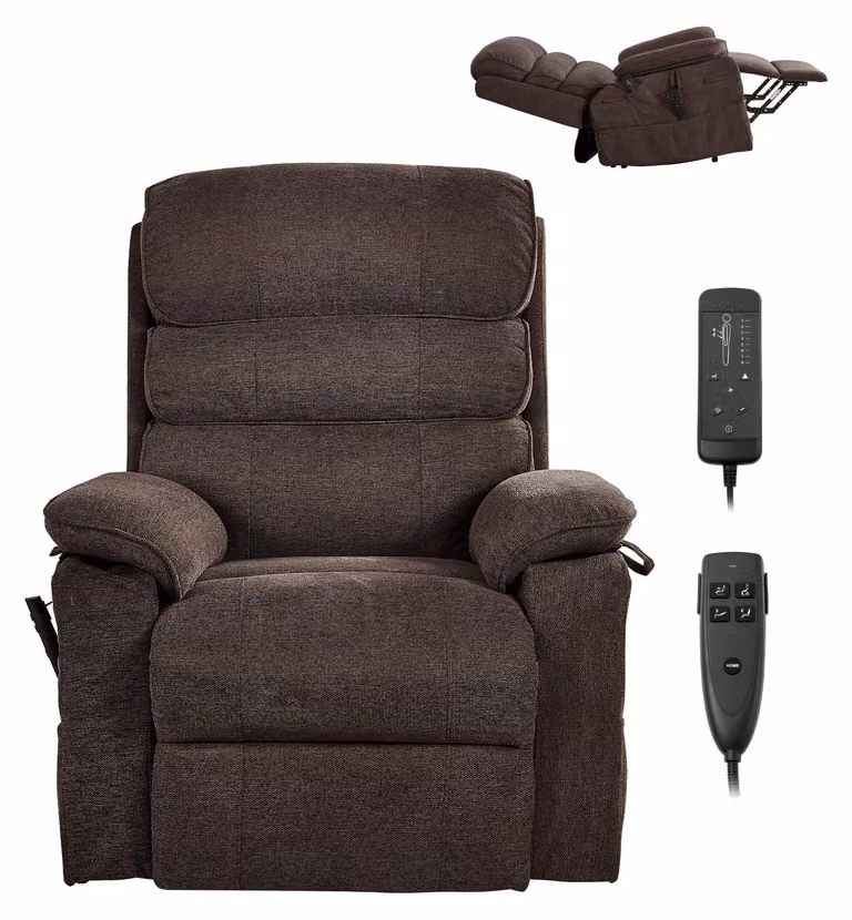 SucceBuy Poltrona TV elettrica con funzione di assistenza alla alzata, massaggio e riscaldamento, poltrona relax per anziani, poltrona massaggiante regolabile in continuo con rivestimento in ciniglia e telecomando, marrone