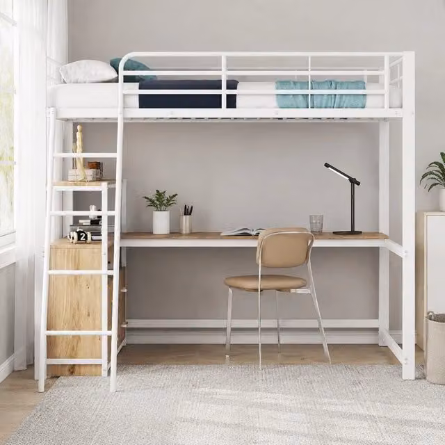 Letto a soppalco 140x200 cm bianco – con scrivania ad angolo e cassetti, senza materasso