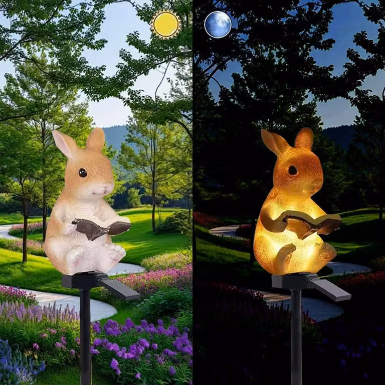 Lampada da lettura a energia solare a forma di coniglio, realizzata in resina, ideale per la decorazione del giardino, con tecnologia LED e resistente all'acqua