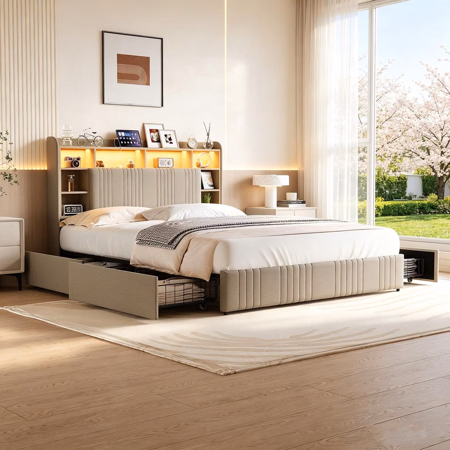 Letto imbottito INONEFT, modello boxspring, 140x200 cm, con LED e porte USB/C. Letto matrimoniale con struttura e 4 cassetti, testiera con vano aperto. Letto per giovani, colore beige, tessuto in lino