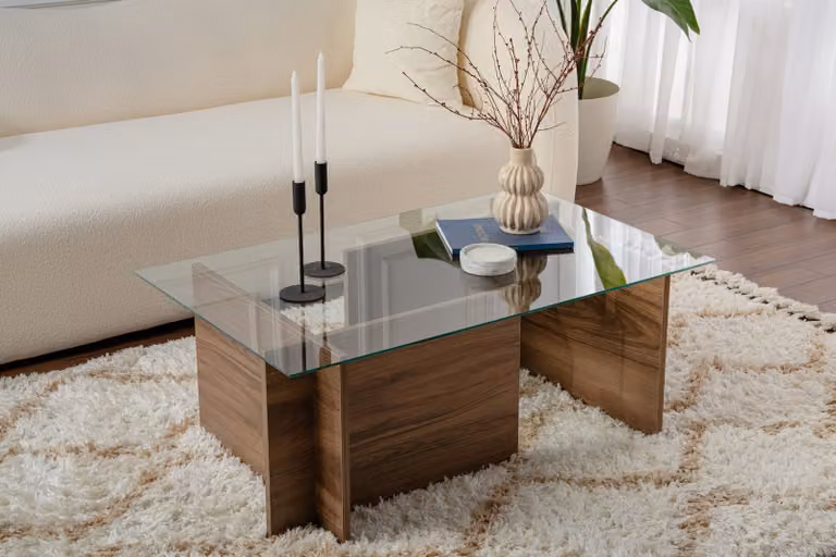 Skye Decor, Vetrino - Walnut, tavolini, noce, vetro, 105 x 40 x 65 cm