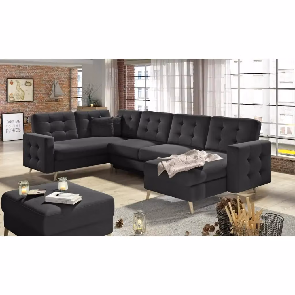 Divano angolare panoramico convertibile MEUBLORAMA HASGARD U nero con contenitore e funzione letto, L: 326 cm, P: 169 cm, H: 93 cm – 2