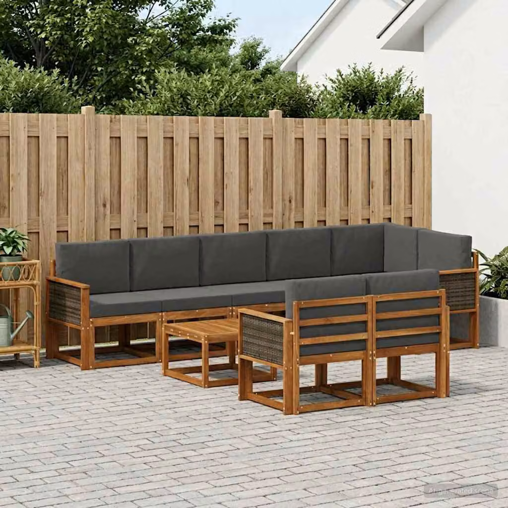 Set di divani da esterno vidaXL a forma di U composto da 9 pezzi in legno di acacia con cuscini in poliestere beige e antracite e tavolino da caffè incluso