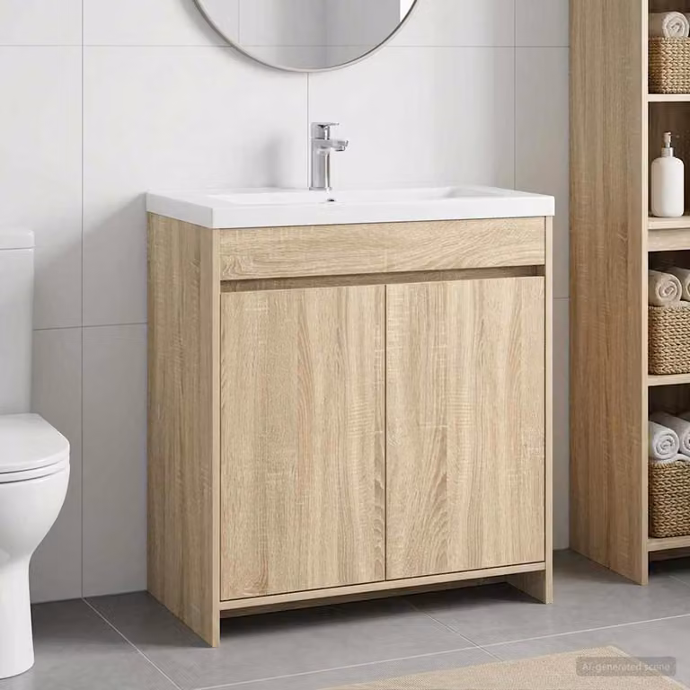 Mobiletto da bagno moderno vidaXL in legno Rovere Sonoma marrone con ante a battente, L: 81,0 cm, P: 37,5 cm, H: 78,5 cm