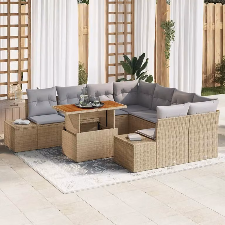 Set Divano da Giardino vidaXL 9 Pezzi Beige in Rattan con Cuscini e Struttura in Metallo