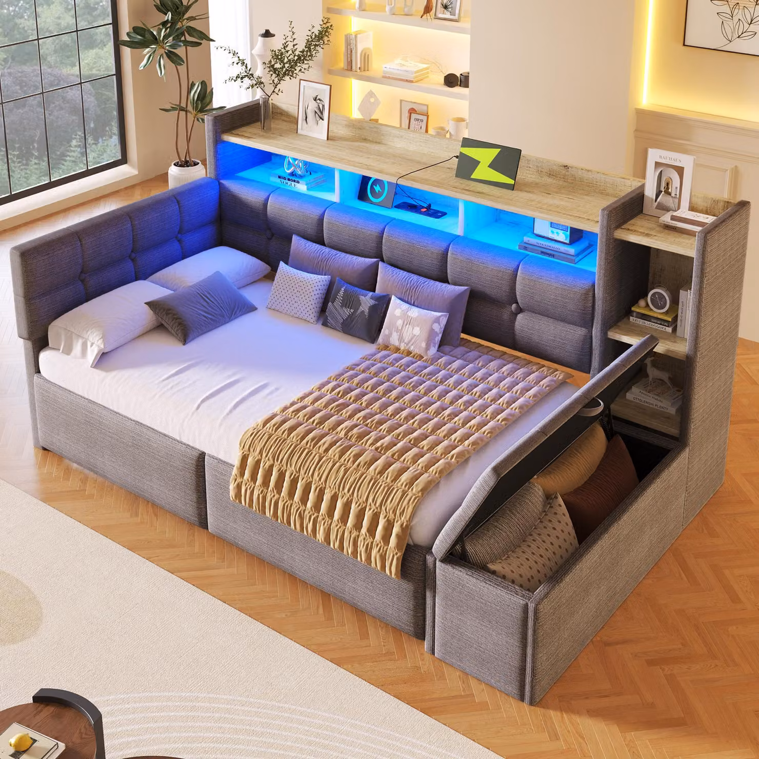 okwish divano letto 90×190 letto per giovani con connessioni USB + tipo C, daybed con panca e vano portaoggetti, daybed con striscia luminosa a LED e cassetti, grigio scuro (senza materasso)