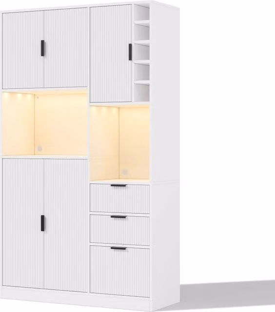 Credenza da cucina moderna in MDF con ripiani, illuminazione LED e portabottiglie, colore bianco, L: 105 cm, P: 40 cm, H: 180 cm