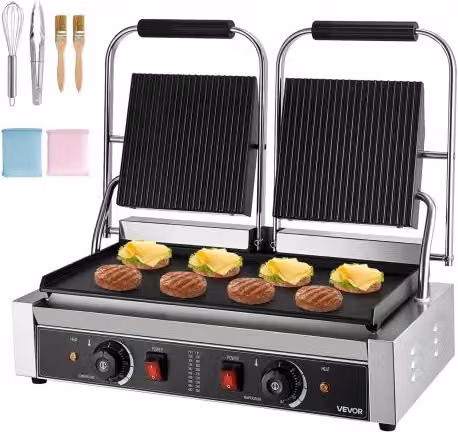 Piastra Tostapane Elettrica Vevor in Acciaio Inox Silver con Doppia Piastra da 3600 W e Controllo della Temperatura per Panini, Hamburger e Bistecche