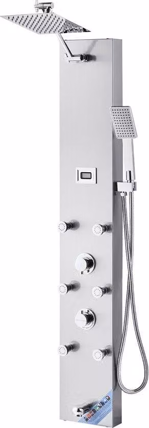Sistema doccia con soffione a pioggia e a cascata, colonna doccia in acciaio inossidabile da 124 cm, sistema di massaggio a parete con doccetta manuale e 6 getti massaggio
