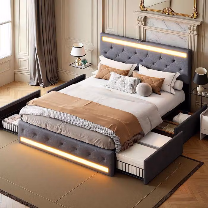 Letto imbottito Fortuna Lai 180x200 cm in grigio, letto funzionale con 4 cassetti, testata regolabile in altezza, presa LED e USB, rivestimento in lino