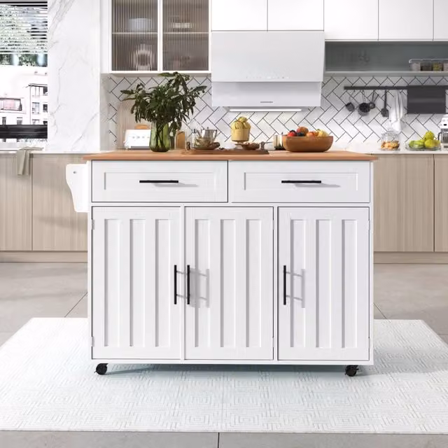 Isola cucina rettangolare grande 129 x 46 x 91;5 cm; carrello cucina con piano pieghevole; bianca con piano effetto legno