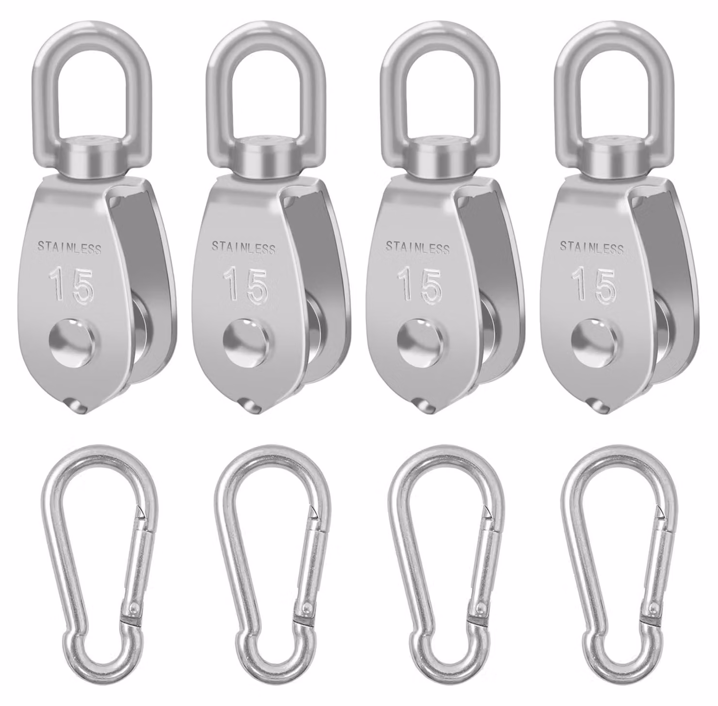Set di 4 carrucole in acciaio inossidabile M15, complete di 4 ganci a uncino, capacità di carico: 35 kg