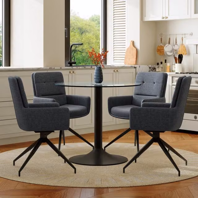 Set da pranzo rotondo 85x76 cm con sedie girevoli; vetro temperato; metallo e tessuto; nero e grigio scuro