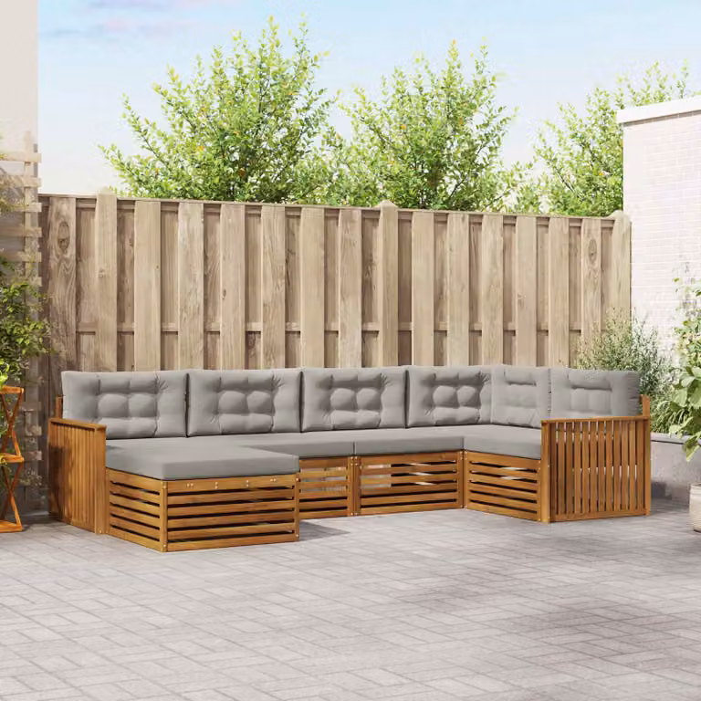 Set di divani da esterno vidaXL a forma di L composto da 6 pezzi in legno di acacia con cuscini inclusi, colore grigio e marrone