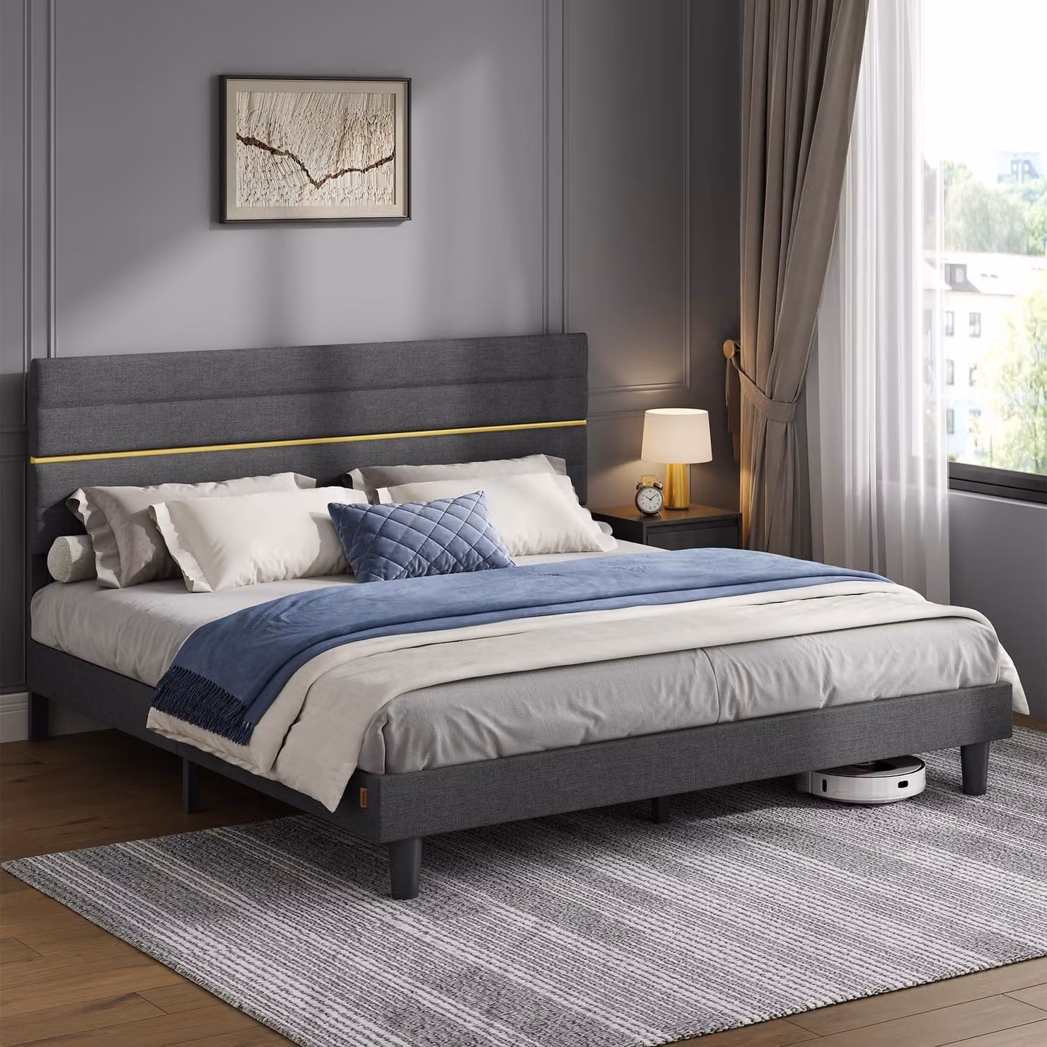 Letto imbottito VASAGLE, struttura per letto matrimoniale, 180 x 200 cm, acciaio, MDF