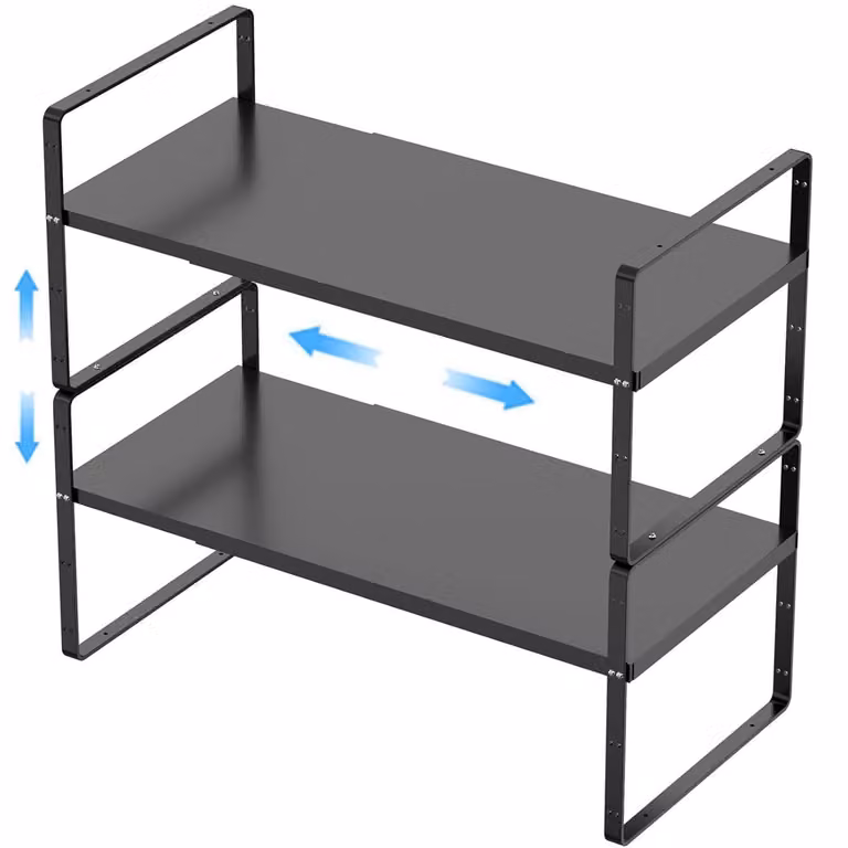 Organizzatore per scaffali da cucina, metallo, nero, set da 2, impilabile, espandibile, 41,9-69,8 cm