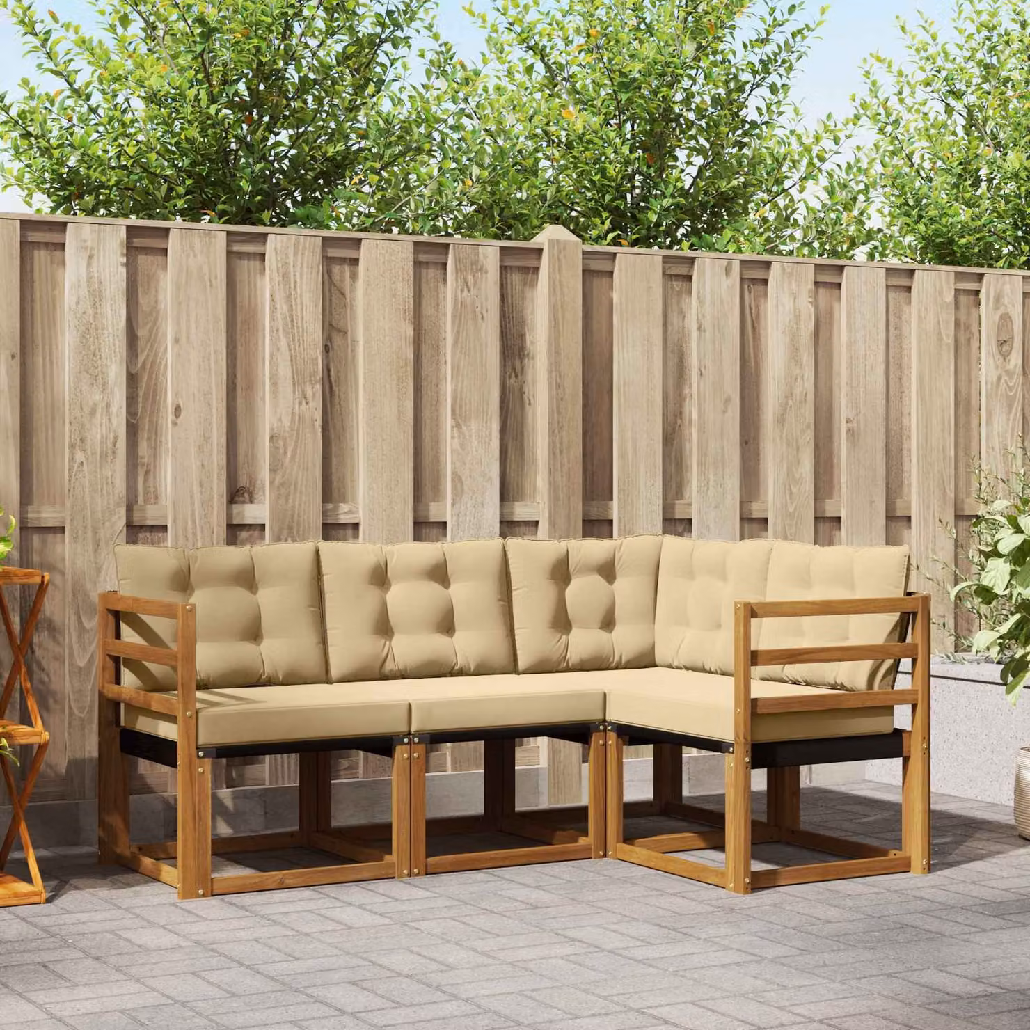 Set di divani da esterno vidaXL 4 pz in legno di acacia e textilene, colore marrone e beige, design moderno a L con cuscini inclusi