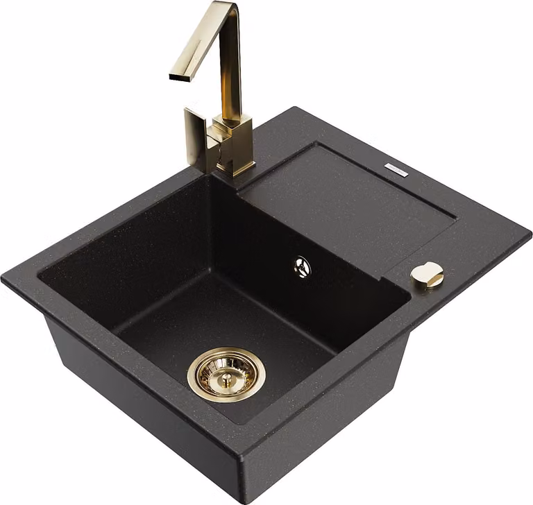 Mexen Enzo lavello in granito 1-vasca con scolapiatti e rubinetto da cucina Rita, nero/oro metallizzato - 6506-75-670300-50