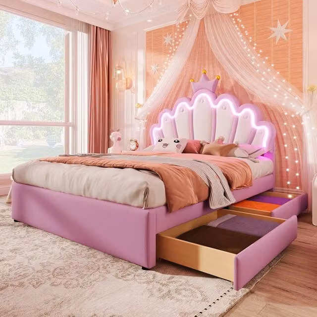 Letto Imbottito con Cassetti e Testiera Regolabile ¨C MINIMAL ¨C Rosa, PU, 140x200