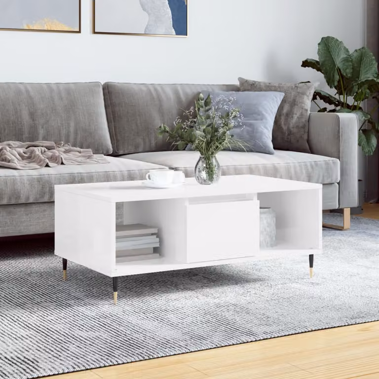 vidaXL Tavolino da salotto moderno in legno bianco lucido L/P/H: 90 x 50 x 36,5 cm