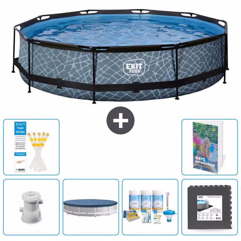 Piscina a sfioro "Exit Pool Rund" - Design effetto pietra - 360x76 cm - 5 pezzi - Modello S238