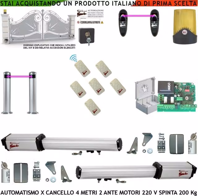 Apricancello 5 Metri 2 Ante da 2,5 MT Kit Motori Elettromeccanici 230 V Sblocco Corsa 300 mm Spinta 2 Q.tali Staffe 2 Coppie Fotocellule 2 Paline 6 Radiocomandi Selettore 2 Ck.i Faro Cartello Monitore