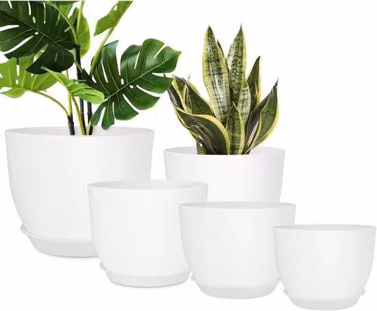 Vasi da fiori moderni in plastica, set da 5 pezzi, bianchi, con piedini