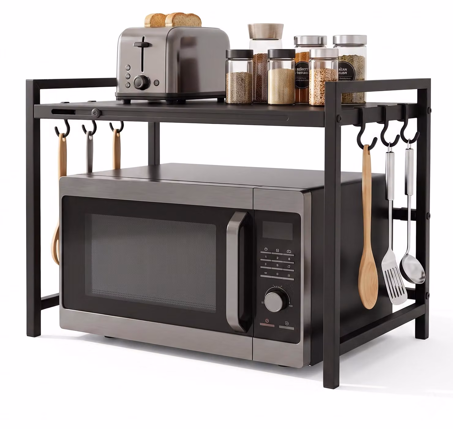 Ripiano estensibile per microonde Relaxdays, dimensioni: 43,5 x 32-65 x 40 cm, con ganci, salvaspazio e stabile, ripiano da cucina autoportante, colore nero