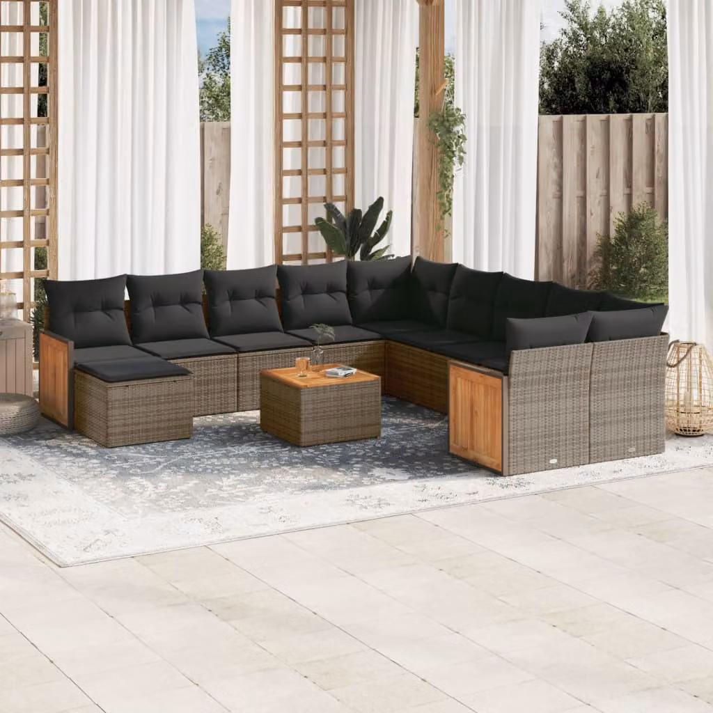 vidaXL Set Divani da Giardino 12 pz in Polyrattan Grigio con Cuscini e Tavolino da Caffè