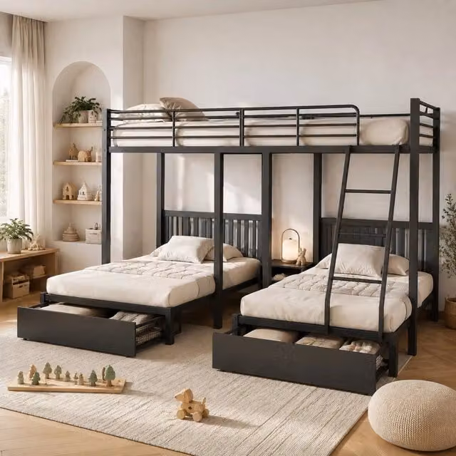 Letto a castello triplo in metallo con cassetti; convertibile in 3 letti; nero