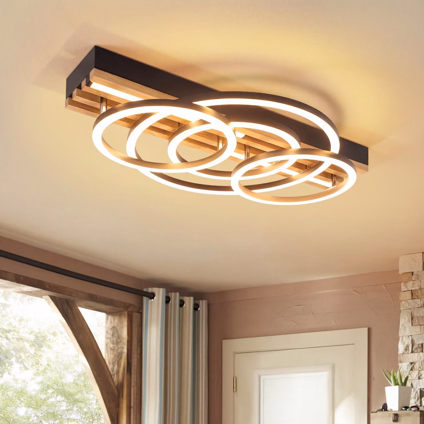 ZMH Lampada da soffitto a LED 60W in legno, dimmerabile, 50 cm, lampada da camera da letto a 4 anelli, lampada da soggiorno, telecomando, per camera da letto, cucina, sala da pranzo, rotonda
