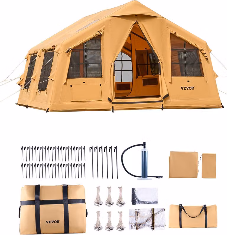Tenda gonfiabile da campeggio per 8-12 persone con pompa a mano, 4,8x3,6x2,2 m con 2 lucernari, tettoia, attacco per stufa, 2 porte e finestre a rete, sacca di stoccaggio