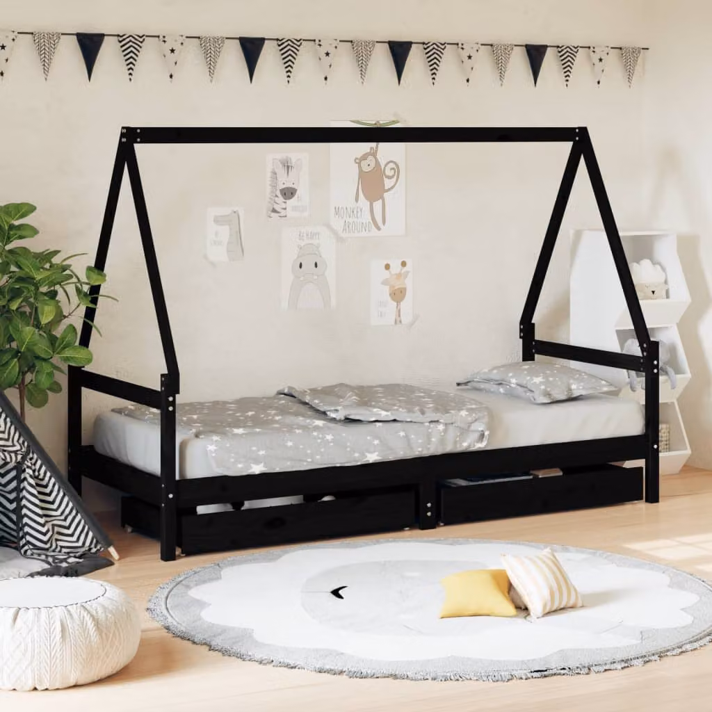 vidaXL Giroletto per Bambini in Legno di Pino Massello con Cassetti Nero L/P/H: 200 x 80 x 143 cm