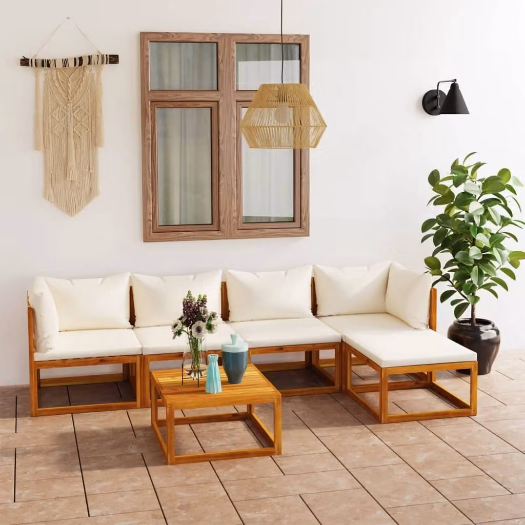 The Living Store Set da giardino da 6 pezzi con cuscini in legno massiccio di acacia color crema