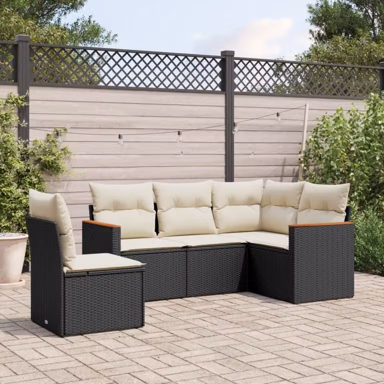 Set di Divani da Giardino vidaXL 5 pz a Forma a L con Cuscini, Struttura in Metallo e Polyrattan Nero e Bianco