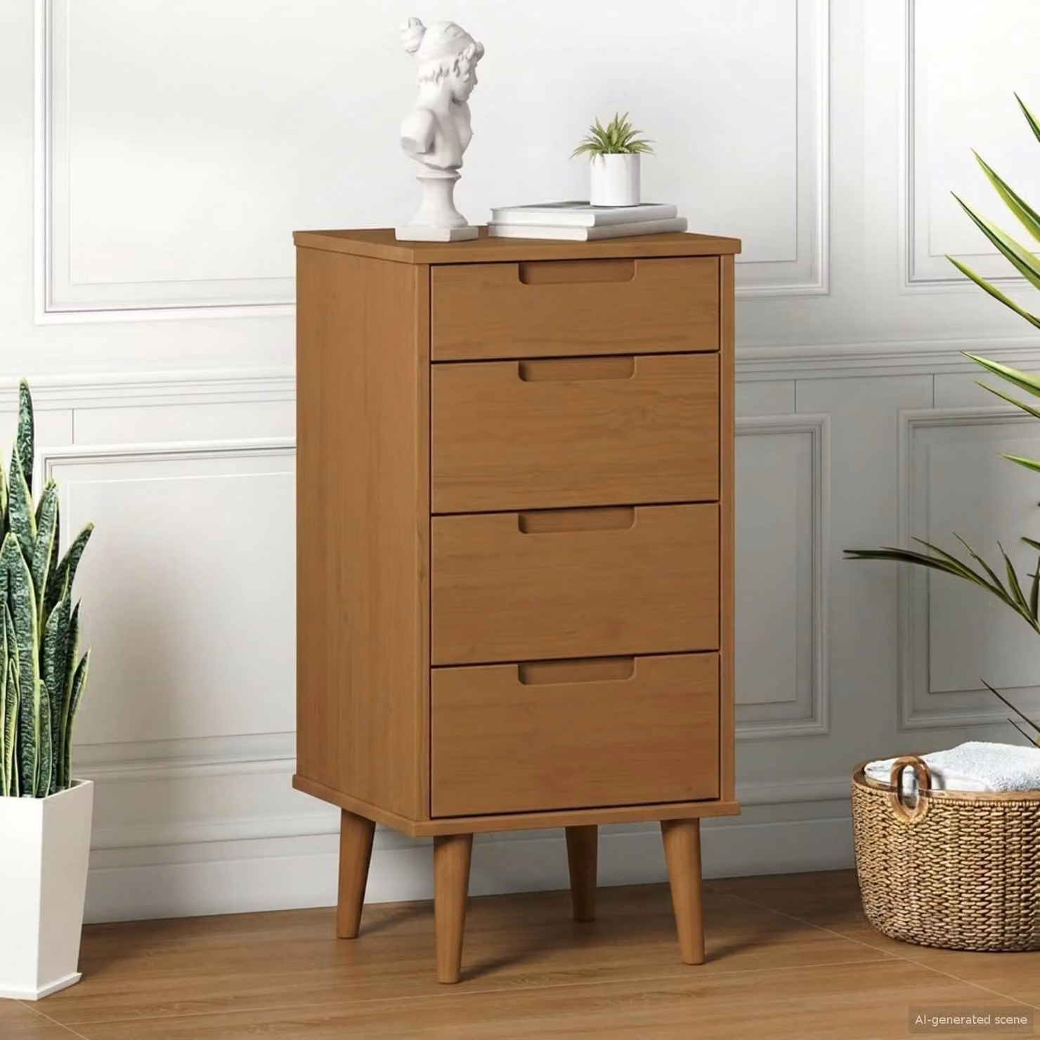 Comò moderno in legno massello di pino, con 4 cassetti