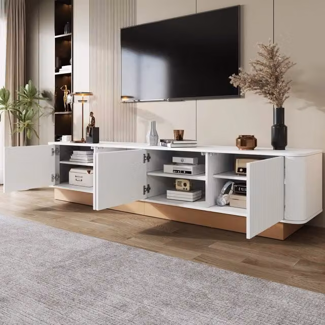 Desviae Mobile porta TV a 4 ante con ripiani regolabili passacavi e angoli arrotondati in MDF bianco 200 × 40 × 47,5 cm