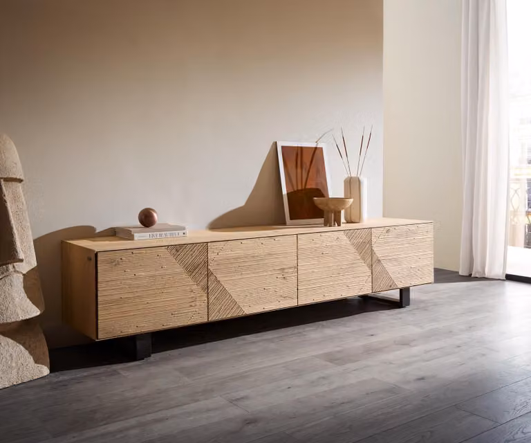 DELIFE Mobile basso Tereos 220 cm rovere naturale effetto 3D 4 ante slitta metallo nero