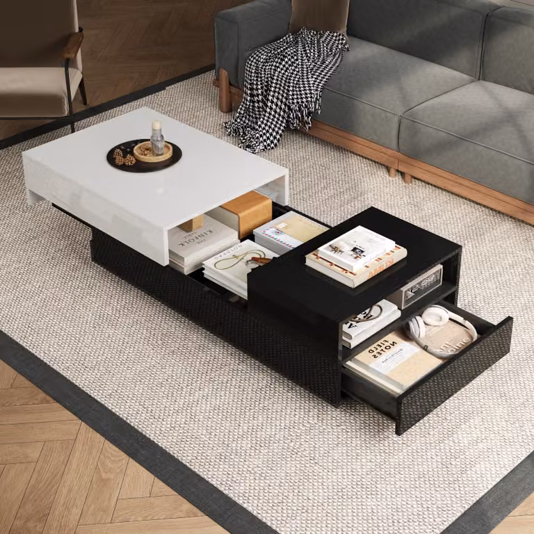 okwish Tavolino da salotto con design a contrasto, Credenza con piano scorrevole e 1 cassetto, Nero + Bianco