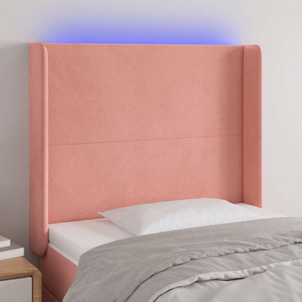 Testiera per letto con LED e porta USB vidaXL in velluto rosa, L: 83 cm, P: 16 cm, H: 118-128 cm