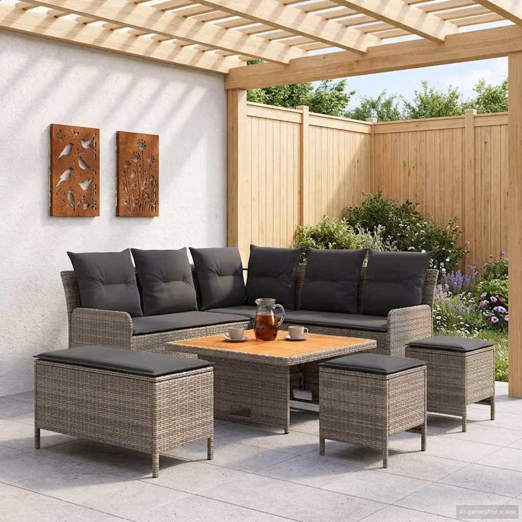 Set di mobili da giardino vidaXL in rattan con sedute imbottite e tavolo, colore grigio e antracite, composizione a L con elementi angolari e pouf