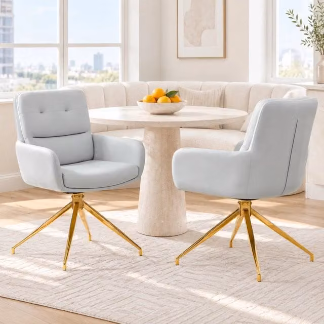 Sedia da pranzo girevole ULEVR 85 cm in similpelle PU grigio chiaro, base in metallo dorato, rotazione 360¡ã