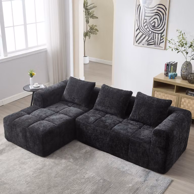 Divano modulare moderno, divano a forma di L, divano a 3 posti, non richiede installazione, divano in velluto con chaise longue e braccioli, 3 cuscini, tasca laterale per il telecomando, colore nero