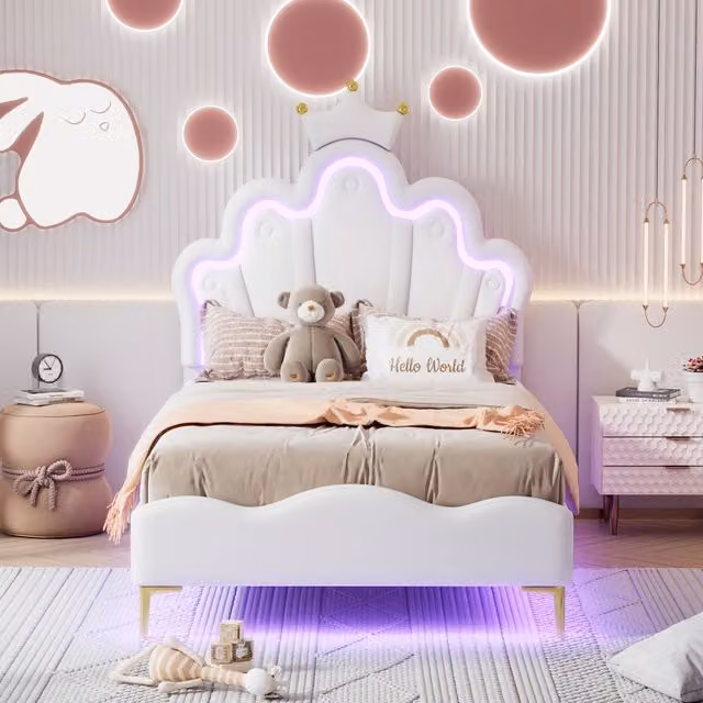 Letto principessa con testiera a corona in ecopelle, LED ambientali regolabili, bianco, 90x200 cm, senza materasso