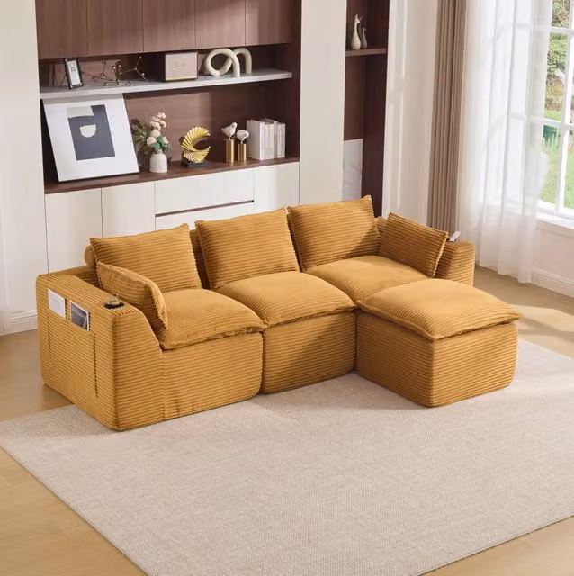Divano modulare 3 posti con pouf; tasche laterali e cuscini; in corduroy arancione 256x161x75 cm