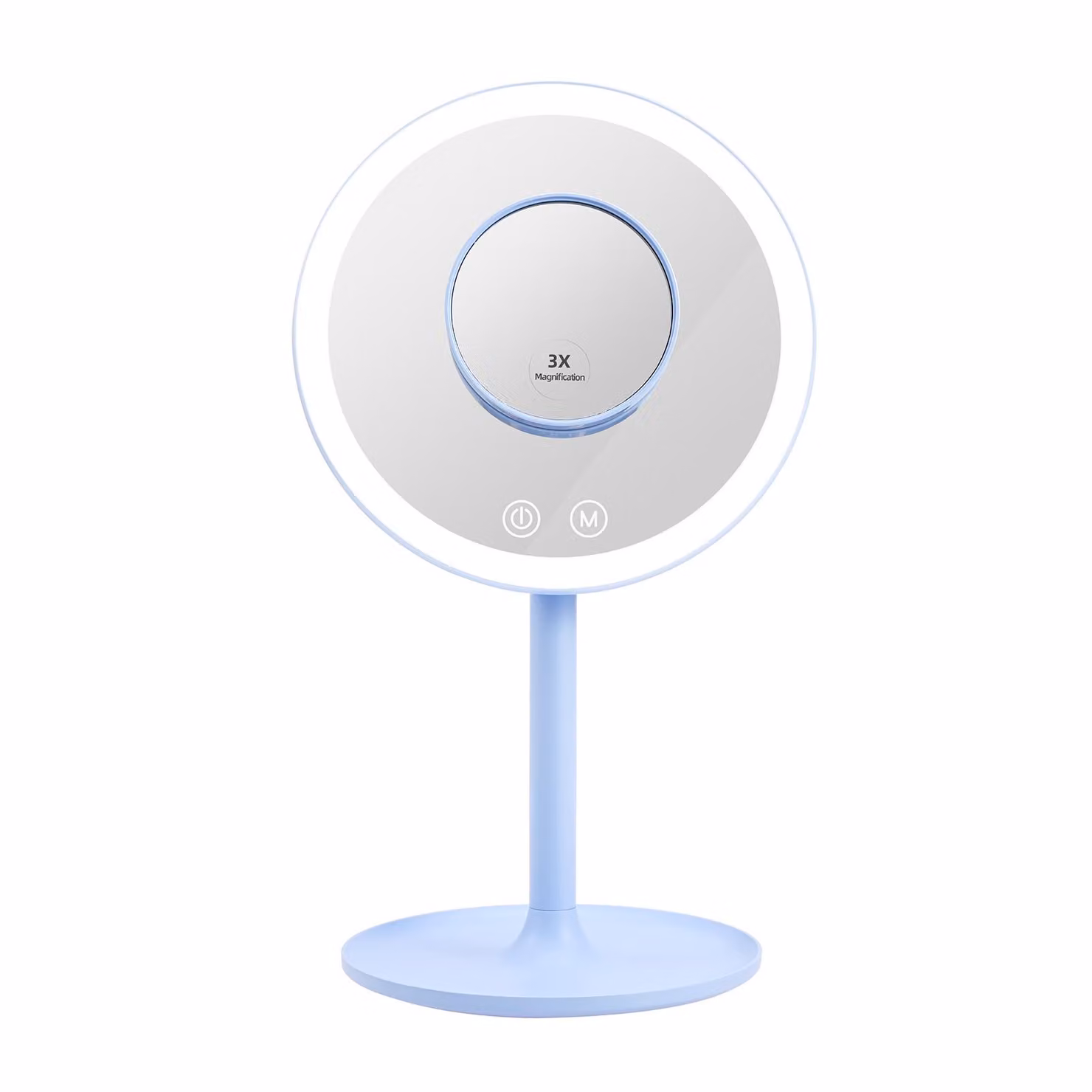 Specchio cosmetico EMKE LED con 3 colori di luce, ingrandimento 1/3x, interruttore a sfioramento e funzione di memoria, lente d'ingrandimento per specchio da bagno (azzurro)