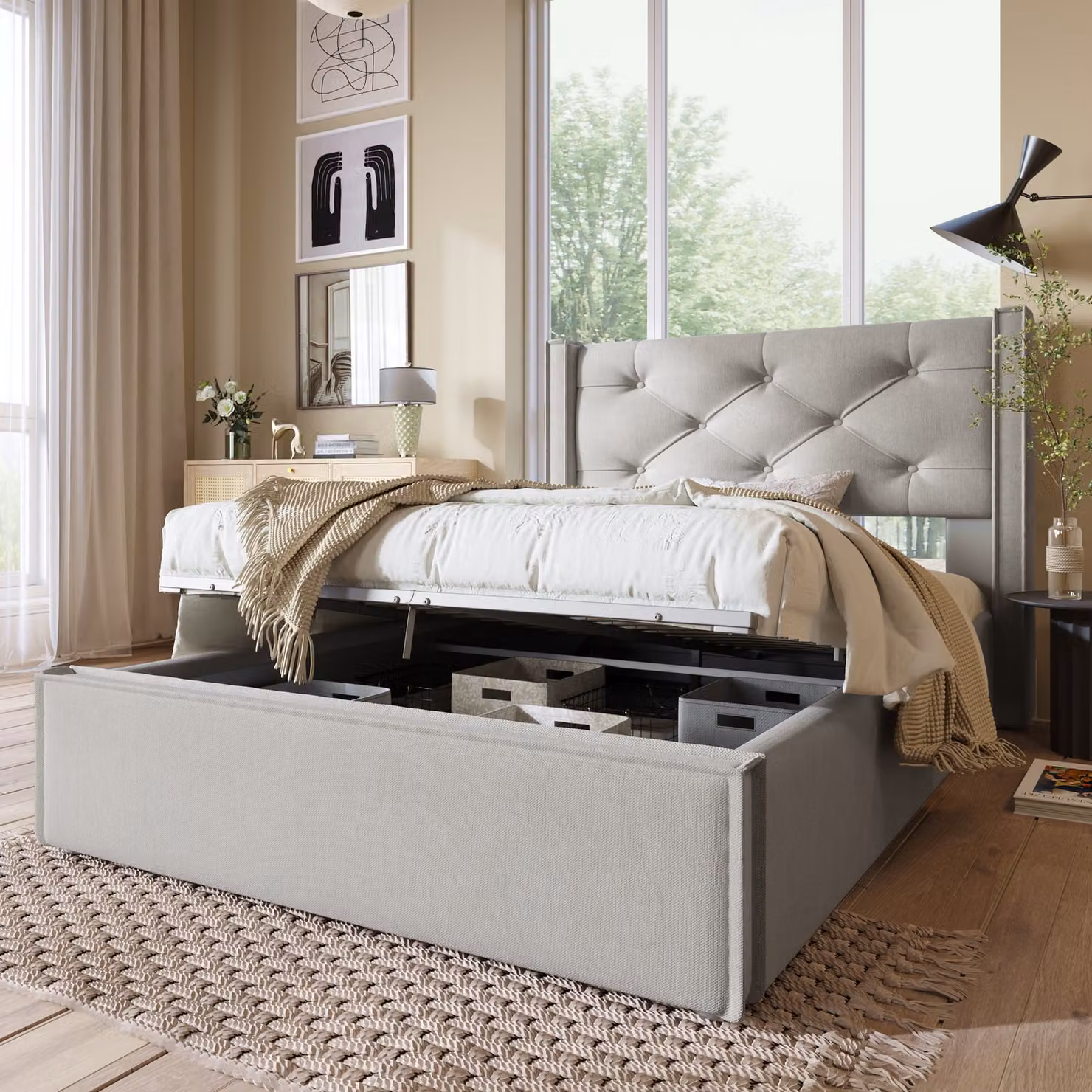 okwish Letto singolo idraulico imbottito 90x200 cm, letto con rete a doghe e struttura in metallo, struttura letto moderna con vano contenitore, grigio chiaro (senza materasso)