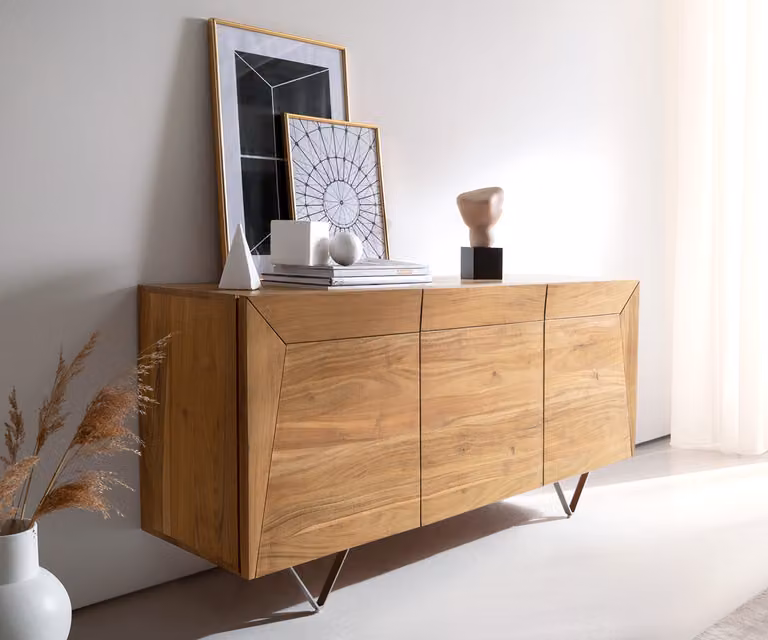 Mobiletto contenitore DELIFE in legno di acacia naturale, 145x40x70 cm, con 3 ante e gambe a forma di "V"