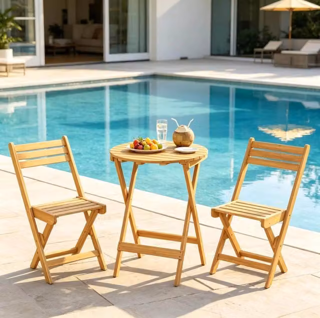 Set bistrot pieghevole in legno di acacia, tavolo Ø 60 cm e 2 sedie
