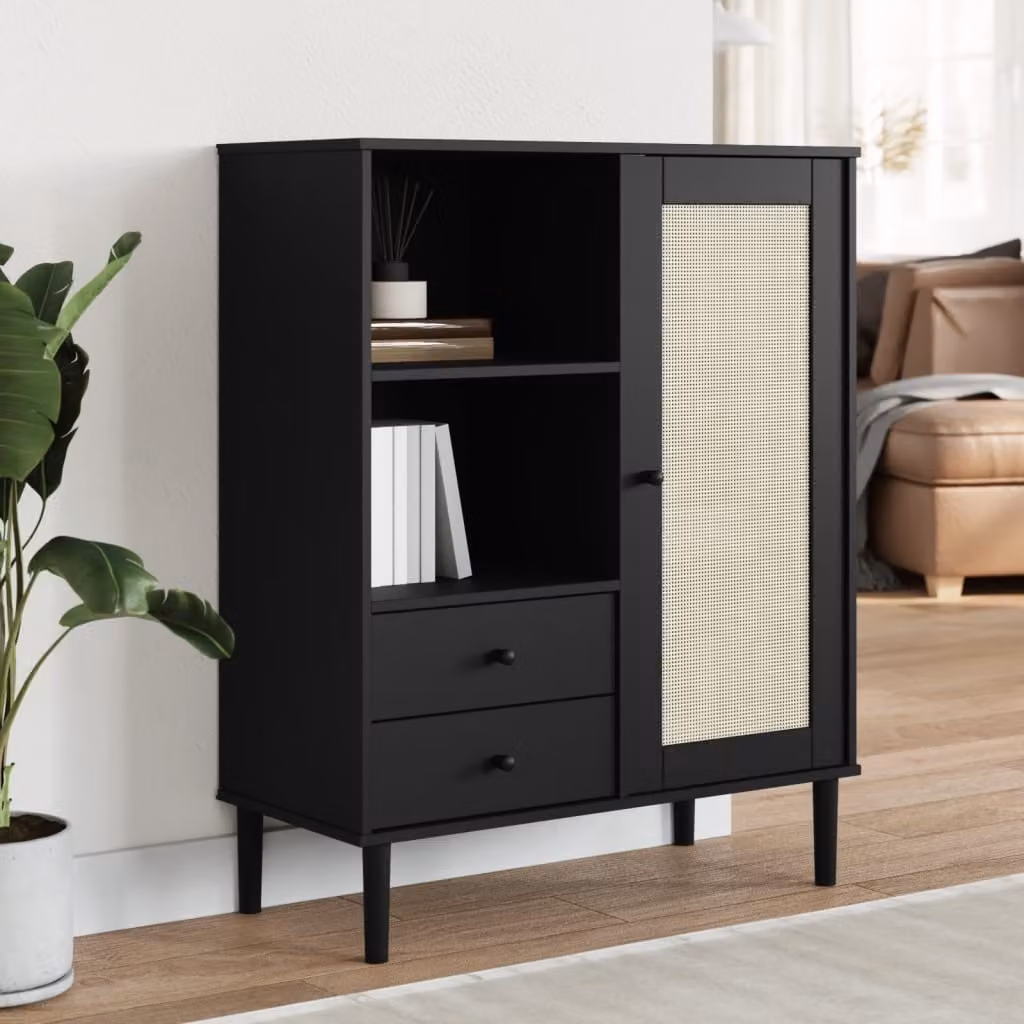 Credenza vidaXL SENJA in legno di pino massello con aspetto rattan, colore nero, L 90 cm x P 40 cm x H 112 cm